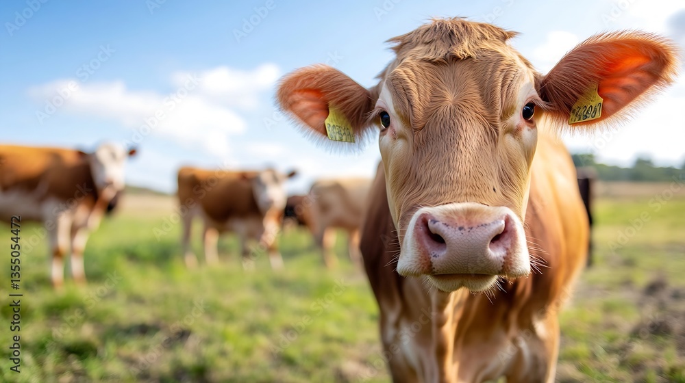 Closeup shot of a curious brown cow standing in a lush green field under a clear blue sky : Generative AI Closeup shot of a curious brown cow standing in a lush green field under a clear blue sky : Generative AI