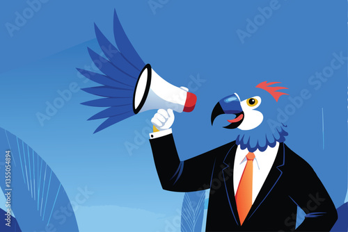 A vibrant parrot, wearing a suit, confidently presents a new advertising campaign to a boardroom of impressed executives.