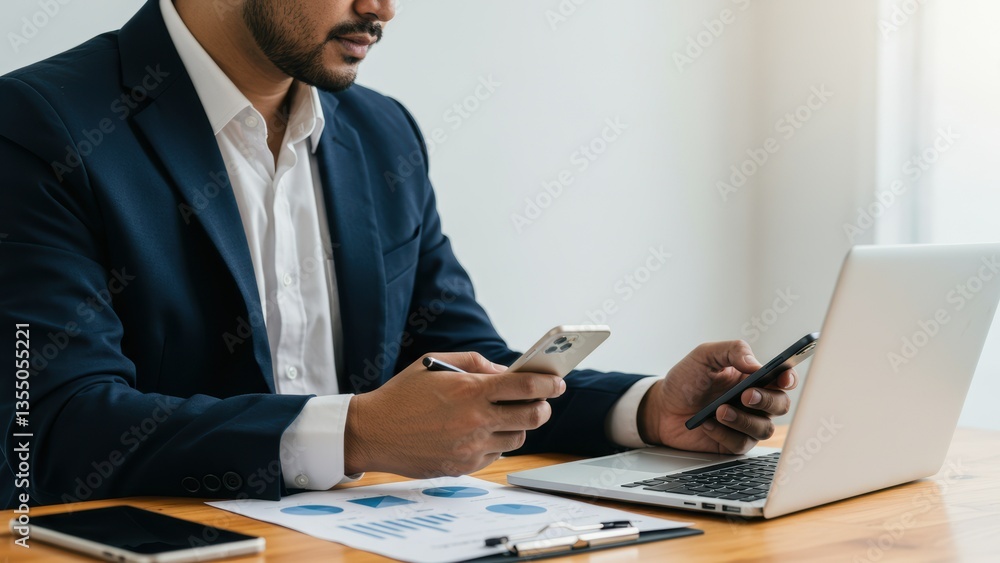Indian businessman uses laptop & smartphone at wood desk analyzing financial reports in corporate office. Showcases productivity, career ambition, finance strategy. Indian businessman uses laptop & smartphone at wood desk analyzing financial reports in corporate office. Showcases productivity, career ambition, finance strategy.
