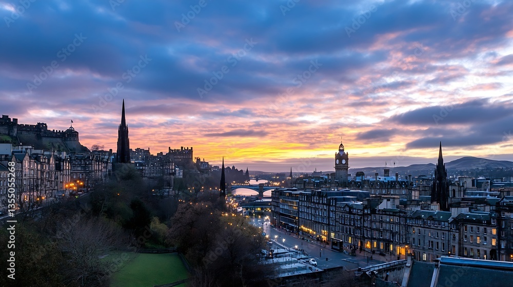 Obraz premium Stunning Edinburgh Skyline at Sunset with Dramatic Clouds and Historical Landmarks : Generative AI