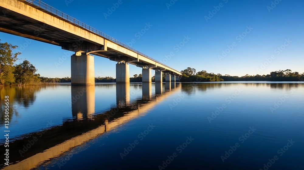 Picturesque river bridge reflecting on still waters under clear blue sky : Generative AI Picturesque river bridge reflecting on still waters under clear blue sky : Generative AI