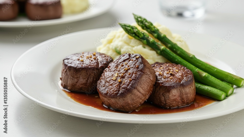 Three beef tenderloins, mashed potatoes, asparagus on plate. Fine dining food presentation, culinary expertise create a gourmet experience. Healthy eating, nutrition emphasized. Three beef tenderloins, mashed potatoes, asparagus on plate. Fine dining food presentation, culinary expertise create a gourmet experience. Healthy eating, nutrition emphasized.