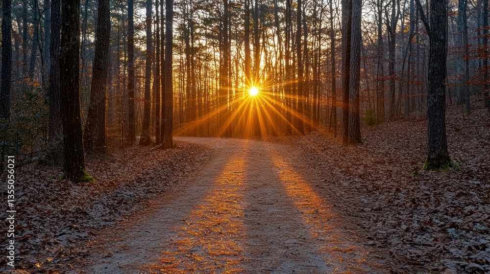 Fototapeta premium Sunset path, forest trail, autumn leaves, nature scene, peaceful walk