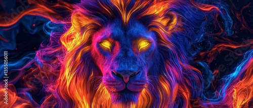 Vibrant lion in neon colors. AI.