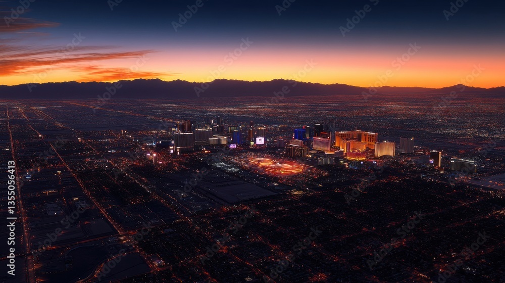 Obraz premium Las Vegas awakens at dawn, a breathtaking cityscape glowing with a fiery sunrise against the backdrop of distant mountains, in a captivating aerial view.