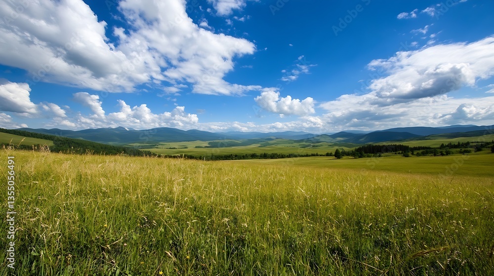 Lush Green Rolling Hills Under Soft White Clouds in Open Meadow Landscape : Generative AI Lush Green Rolling Hills Under Soft White Clouds in Open Meadow Landscape : Generative AI