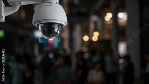Security camera with detection scans crowd indoors. Focus on technological safety systems, protection of public, modern crime prevention.