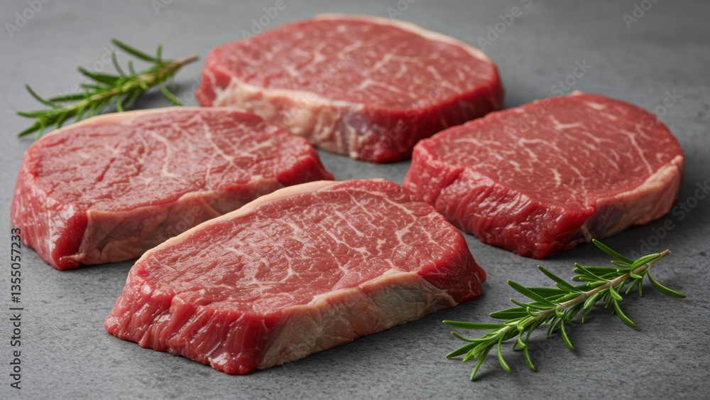 Four raw sirloin steaks with rosemary sprigs on gray surface. Fresh ingredients, culinary, gourmet food. Focus on natural protein source, healthy cooking. Four raw sirloin steaks with rosemary sprigs on gray surface. Fresh ingredients, culinary, gourmet food. Focus on natural protein source, healthy cooking.