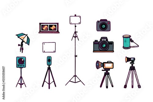 A captivating image showcasing professional photography equipment cameras, tripods, and a photo album, emphasizing the tools and artistry of the photographic media.