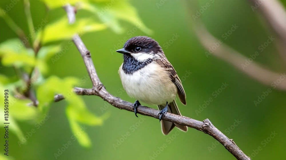 Naklejka premium Beautiful sparrow perched on a branch against a lush green background in springtime : Generative AI