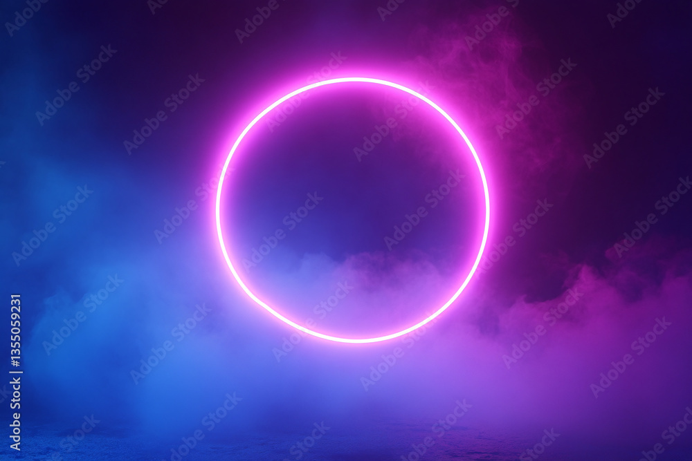 Fototapeta premium neon violet ring shrouded in smoke or fog. dark background. glow effect. 3d rendering. modern style. illustration for banner