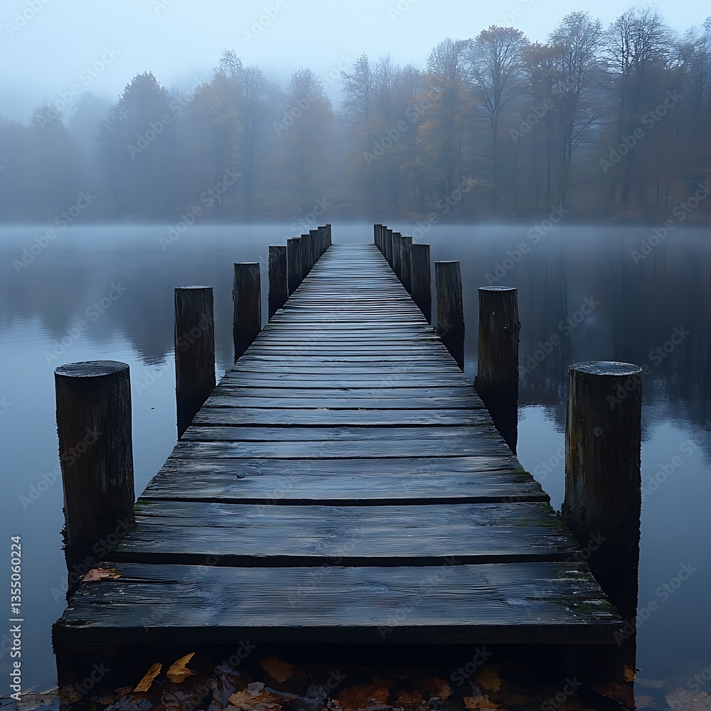 Obraz premium Morning mist on lake wooden dock high resolution hd image