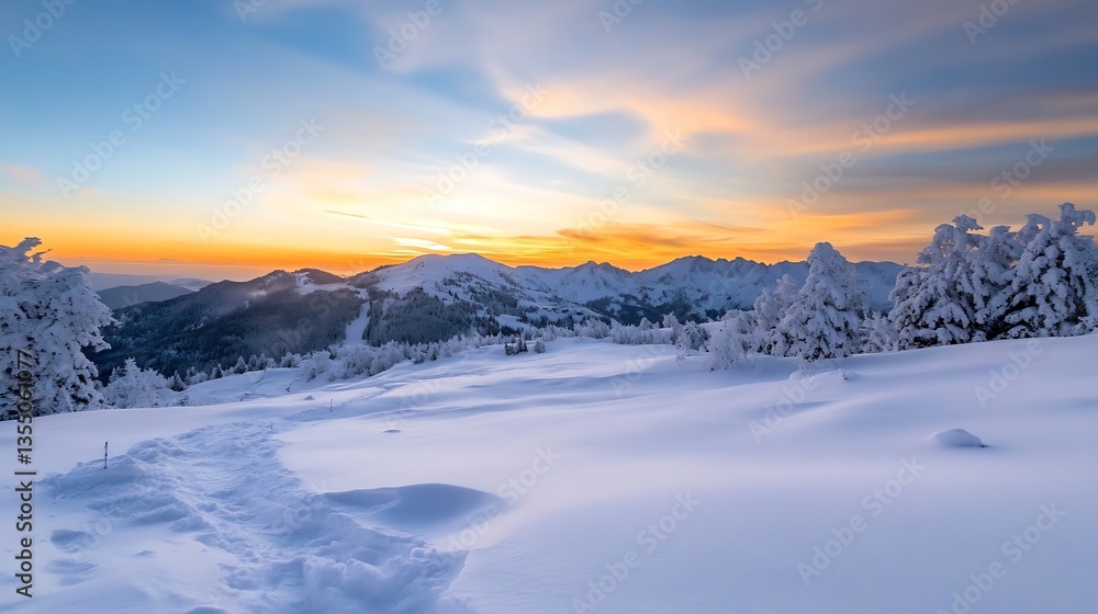 Breathtaking snowy mountain landscape at sunset with vibrant colors illuminating the winter scenery : Generative AI Breathtaking snowy mountain landscape at sunset with vibrant colors illuminating the winter scenery : Generative AI
