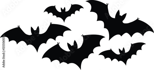 Minimal Flying Bat Icon Set – Black Vampire Bat Silhouettes for Halloween Party and Decoration Art
