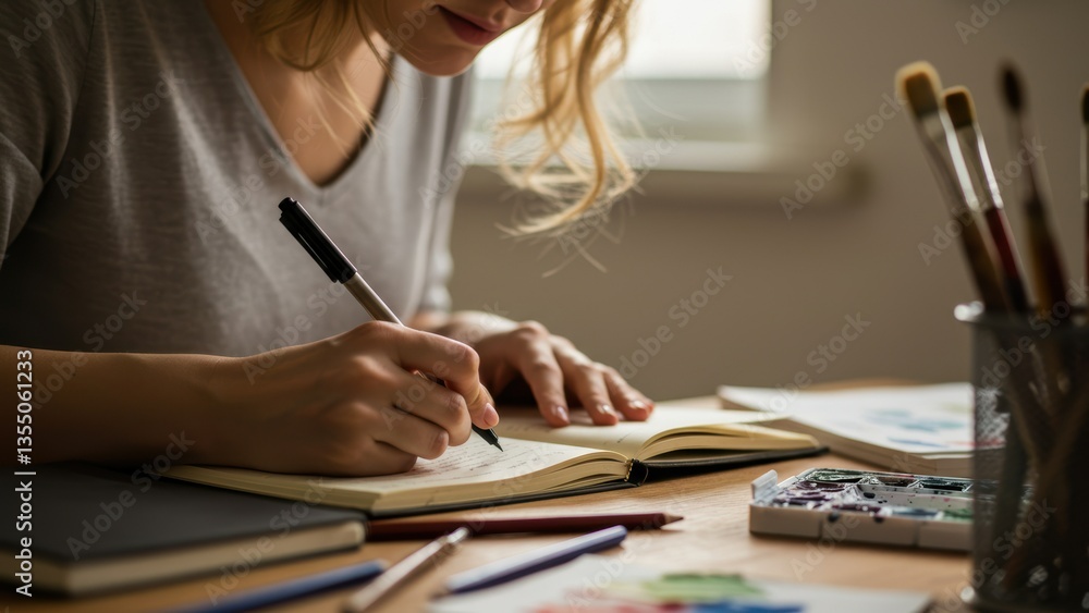 Caucasian woman writing in notebook near art supplies. Focused creativity, self-expression, artistic hobby, mindful well-being, productive workflow in home.