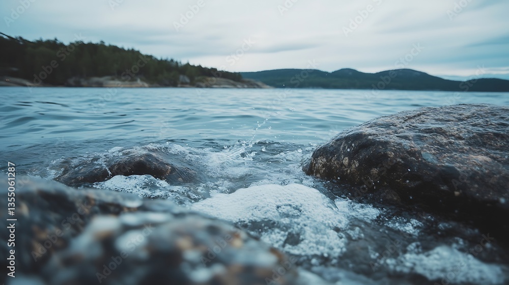 Naklejka premium Calm Waters and Rocky Shoreline Capture Scenic Beauty of Nature in a Remote Coastal Area : Generative AI