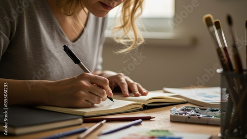Obraz na płótnie Caucasian woman writing in notebook near art supplies. Focused creativity, self-expression, artistic hobby, mindful well-being, productive workflow in home. w salonie