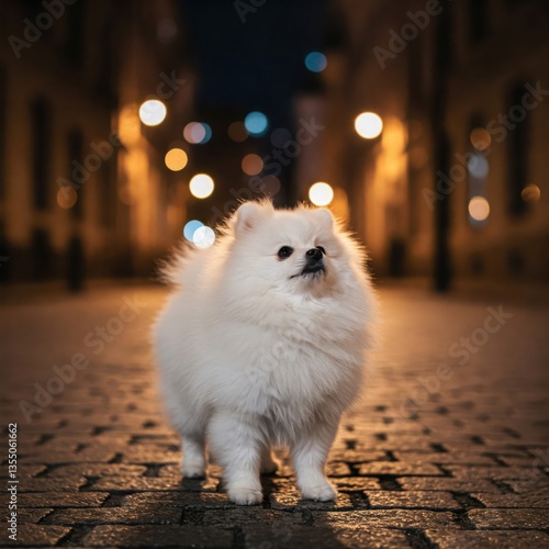 Fototapeta Naklejka Na Ścianę i Meble -  Cute Pomeranian Walking in City Glow
