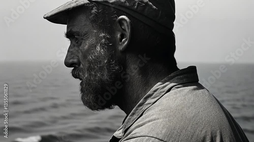 A weathered fisherman gazes thoughtfully at the sea, captured in somber black and white.