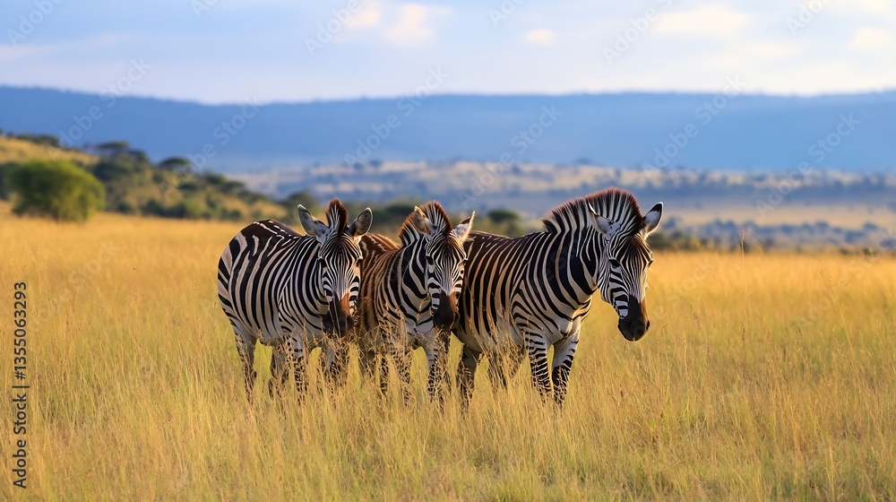 Naklejka premium Majestic Zebras Grazing Together on a Vibrant Savanna Landscape Under a Beautiful Sky : Generative AI