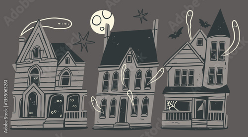 Haunted House set. Dark spooky buildings with staring eyes, flying bats, scary ghosts, cobweb. Hand drawn Vector illustration. Horror, creepy, abandoned mansion, Halloween concept. Isolated elements 