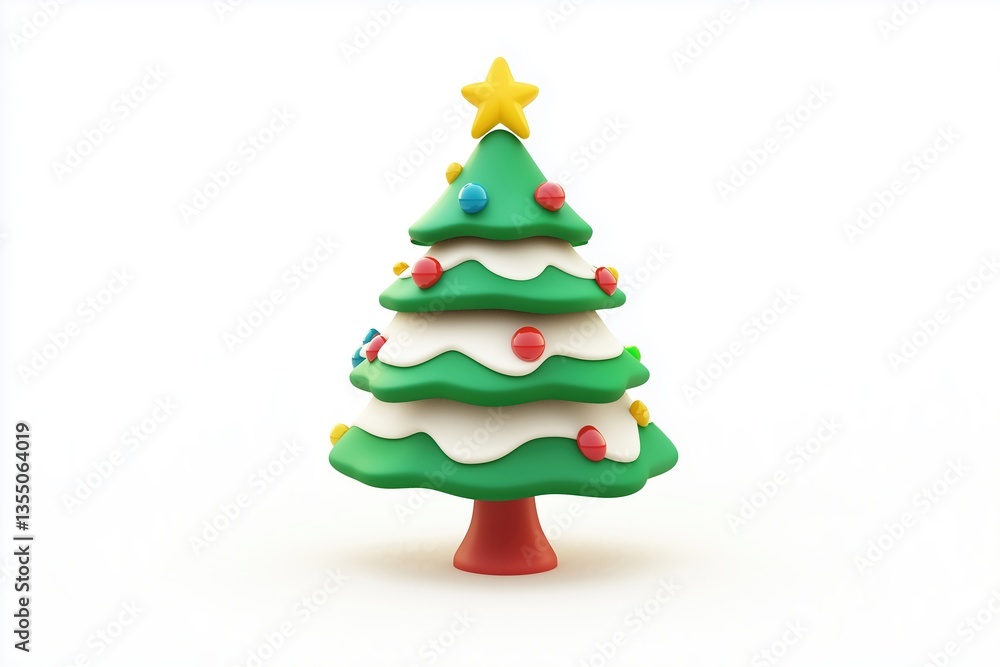Christmas Tree with Star and Ornaments on White Background, 3D Rendering, Decoration Christmas Tree with Star and Ornaments on White Background, 3D Rendering, Decoration