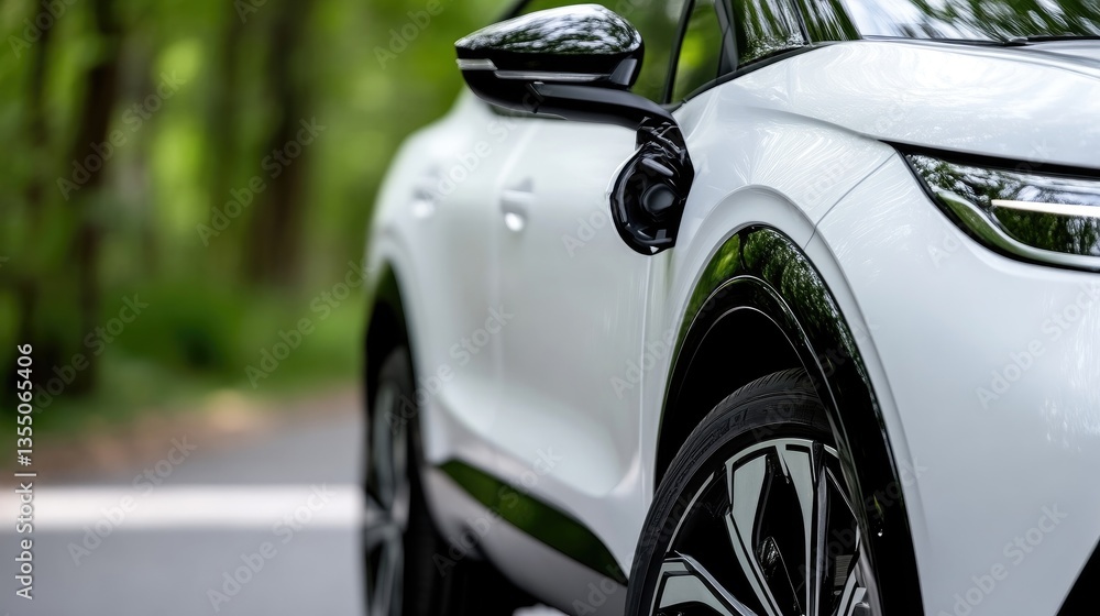 White electric SUV, side profile, charging port visible White electric SUV, side profile, charging port visible