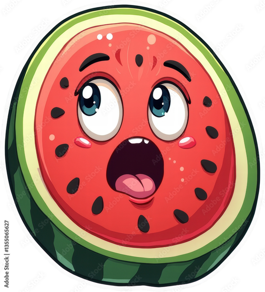 Obraz premium PNG sticker of a surprised cartoon watermelon slice with big eyes and an open mouth.