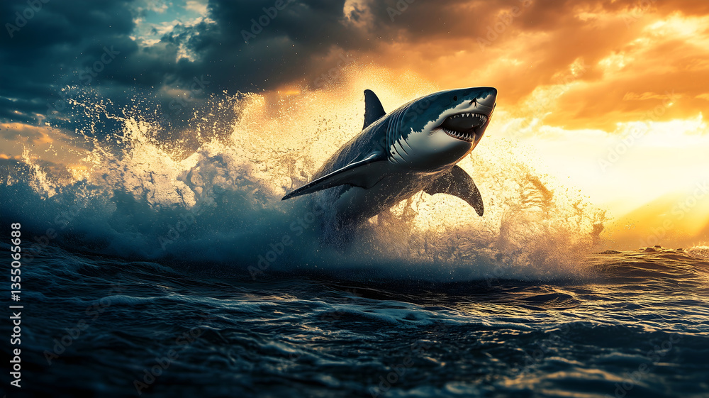 Fototapeta premium Great White Shark Leaping from Ocean at Sunset