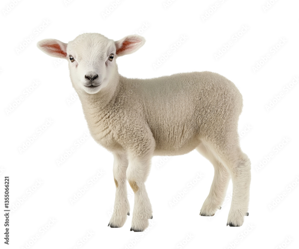 Fototapeta premium Cute lamb standing, side view, young sheep looking at the camera on Png Format and Transparent Background