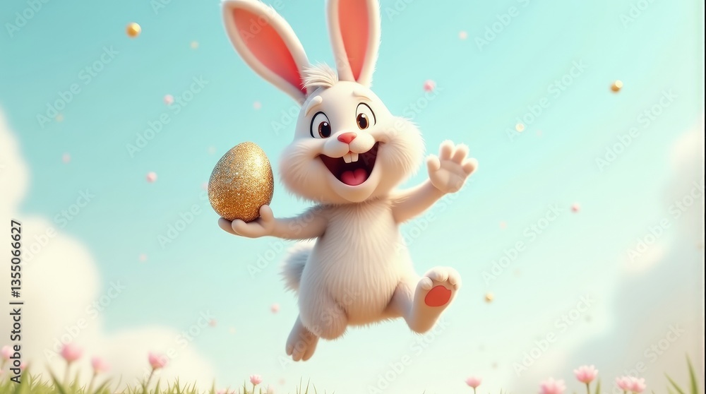 Obraz premium Joyful Easter Bunny with Egg and Blue Sky