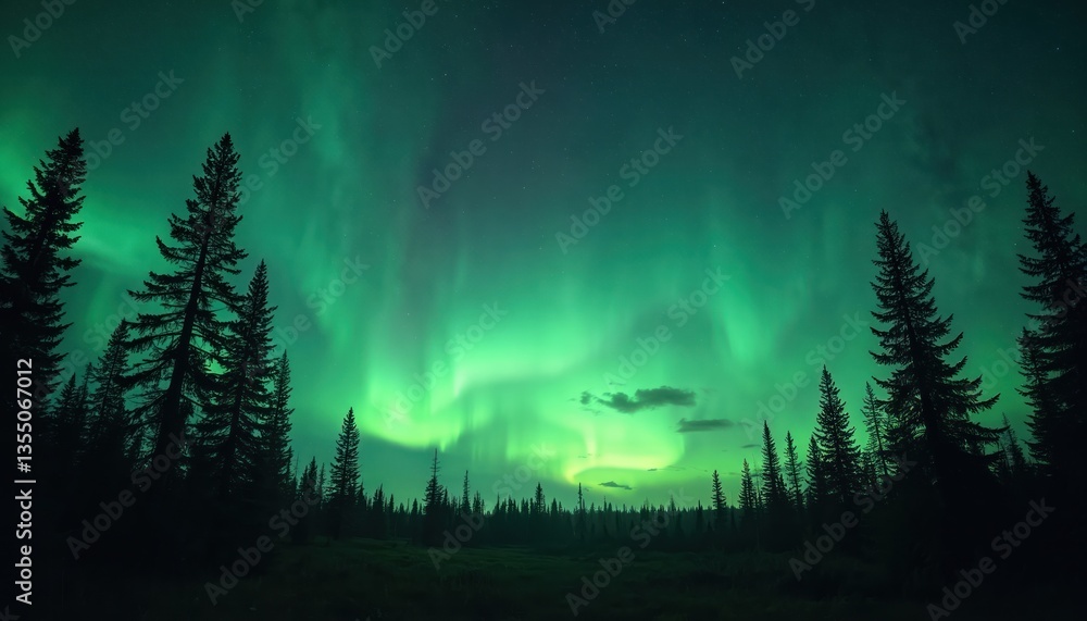 Fototapeta premium Spectacular view of green aurora borealis dancing above forest. Vibrant night sky landscape with trees silhouette. Northern lights in winter. Unique natural phenomenon, stunning atmospheric effect.
