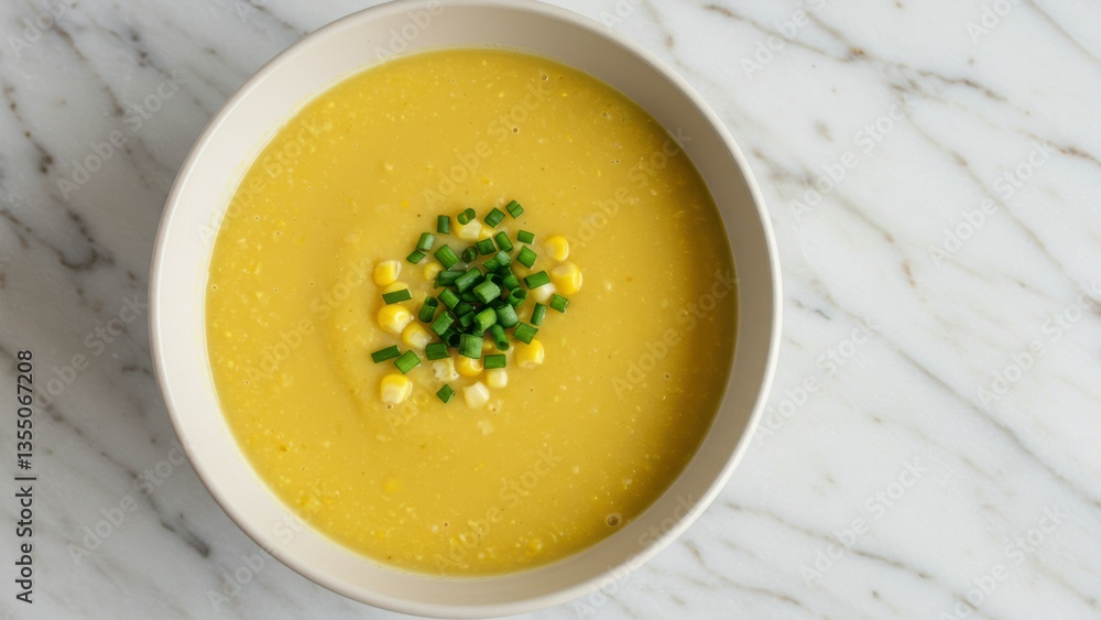 Creamy corn soup with spring onion garnish in bowl on marble table. Overhead shot showcases simple vegetarian meal, emphasizing healthy eating, delicious food, comfort, and nutritional cuisine.