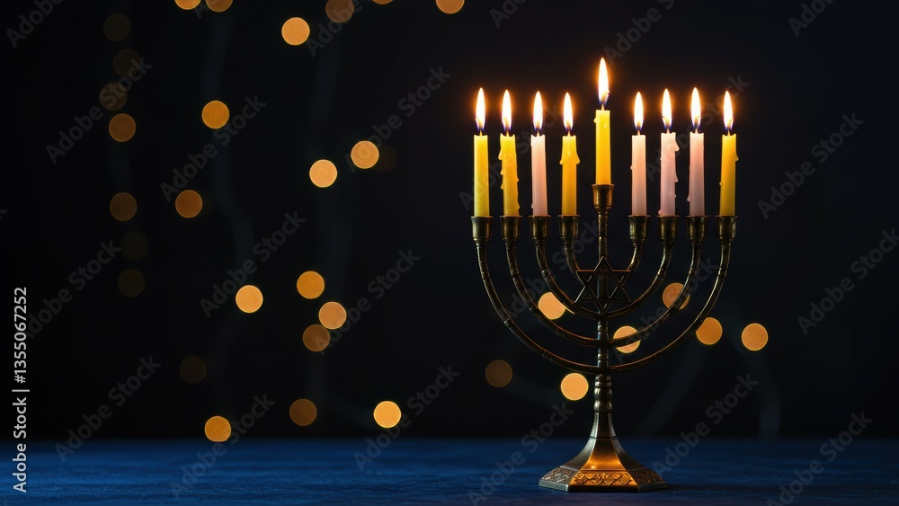 Hanukkah menorah lit with candles against dark background with bokeh. Represents Jewish holiday, religious tradition, culture, celebration, peace, warmth.