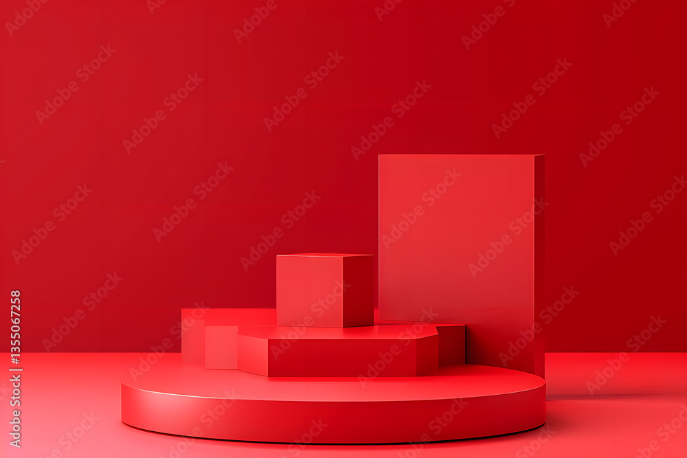 The red background and red cubes create a bold and vibrant atmosphere. The cubes are arranged in a row, with the tallest one in the middle and the shortest one on the right
The red background and red cubes create a bold and vibrant atmosphere. The cubes are arranged in a row, with the tallest one in the middle and the shortest one on the right
