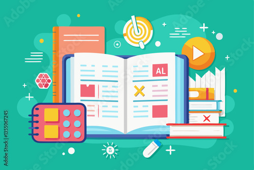 Educational resources. open book. notebooks. and study materials.