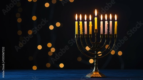 Obraz na płótnie Hanukkah menorah lit with candles against dark background with bokeh. Represents Jewish holiday, religious tradition, culture, celebration, peace, warmth. w salonie