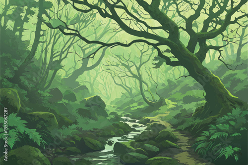 27 Lush ancient forest, moss-covered boulders, misty atmosphere, twisted tree branches, ethereal green light, mystical woodland, stream running through rocks, fantasy landscape, dense vegetation, magi
