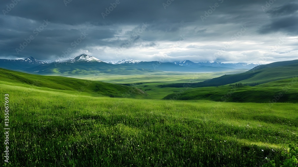 Fototapeta premium Stunning Vast Green Landscape Under Dramatic Cloudy Sky : Generative AI