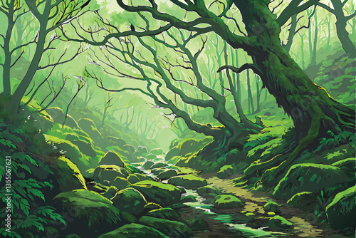 27 Lush ancient forest, moss-covered boulders, misty atmosphere, twisted tree branches, ethereal green light, mystical woodland, stream running through rocks, fantasy landscape, dense vegetation, magi
