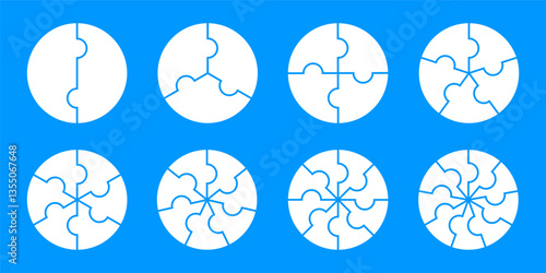 Puzzle pieces set, mosaic circle puzzle jigsaw isolated, puzzles grid collection, jigsaw puzzles with different numbers of pieces