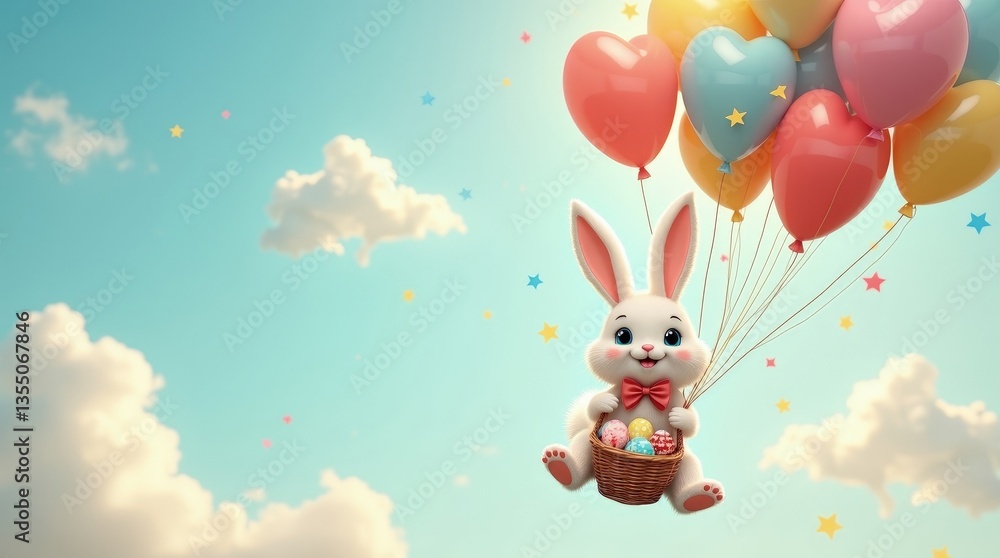 Obraz premium Easter Bunny Soaring Through the Sky with Balloons and Eggs