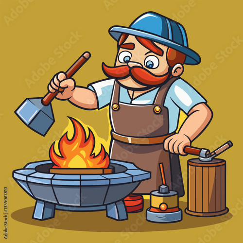 A blacksmith works over a hot forge.