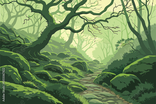27 Lush ancient forest, moss-covered boulders, misty atmosphere, twisted tree branches, ethereal green light, mystical woodland, stream running through rocks, fantasy landscape, dense vegetation, magi