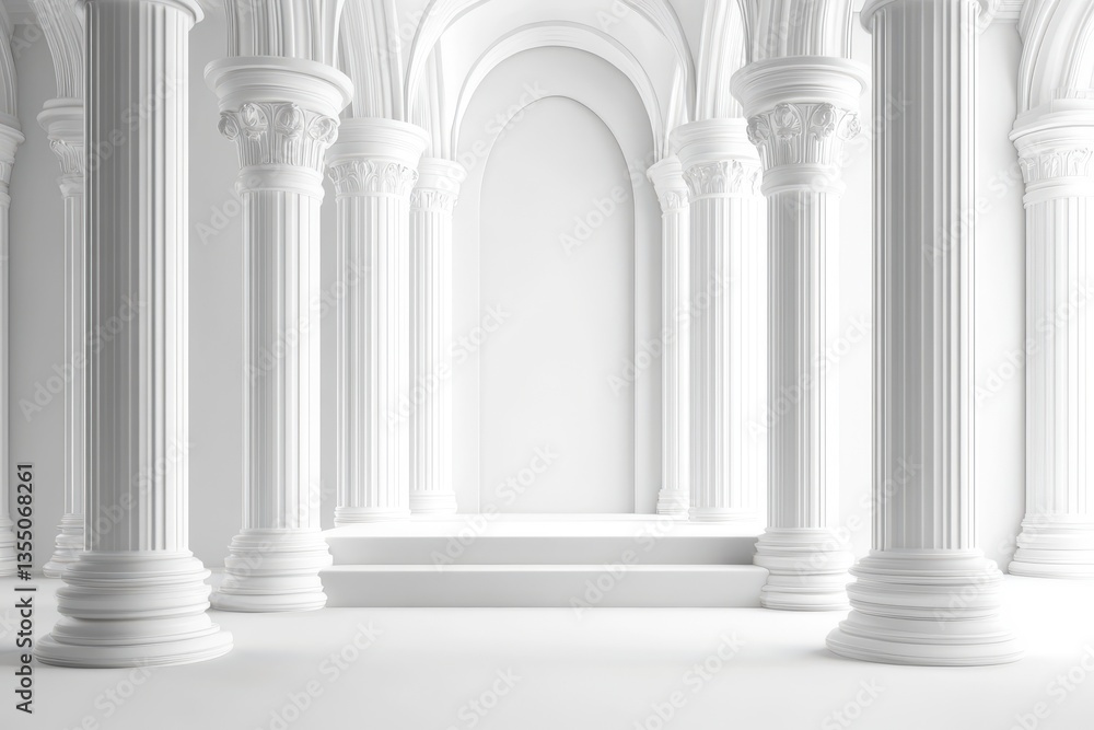 A bright white architectural space featuring classical columns and a central arched opening and steps A bright white architectural space featuring classical columns and a central arched opening and steps