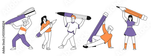 Person hold pen. People editor, writer with pencil, letter for man author character or journalist. Creative ballpoint. Men and women with huge stationery element. Vector flat cartoon isolated set