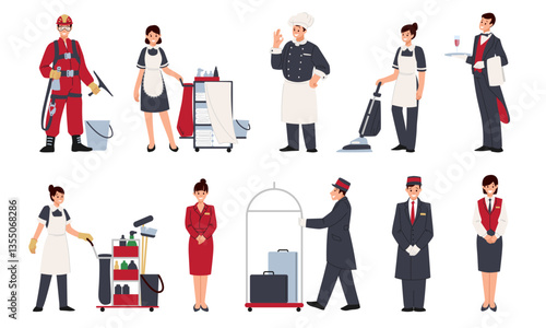 Hospitality staff. Hotel professional workers. Concierge and doorman. Receptionist job service. Maid with trolley. Restaurant waiter. Reception persons. Vector guesthouse employees set