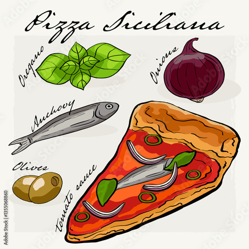 Pizza Siciliana Illustration Recipe with Ingredients