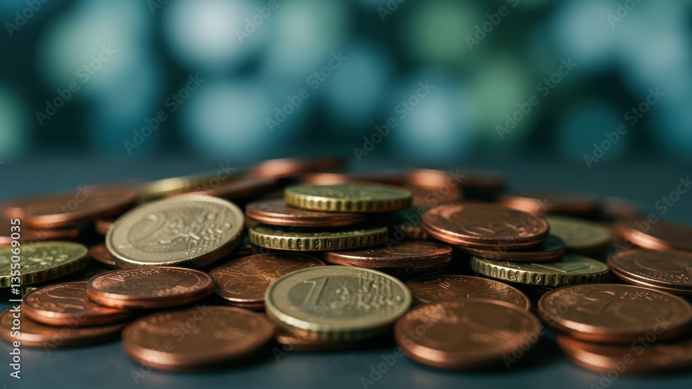 Euro coins pile on neutral surface with teal background. Economy, finance, investment, savings, Europe's currency value. Euro coins pile on neutral surface with teal background. Economy, finance, investment, savings, Europe's currency value.