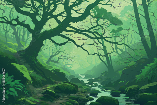 27 Lush ancient forest, moss-covered boulders, misty atmosphere, twisted tree branches, ethereal green light, mystical woodland, stream running through rocks, fantasy landscape, dense vegetation, magi
